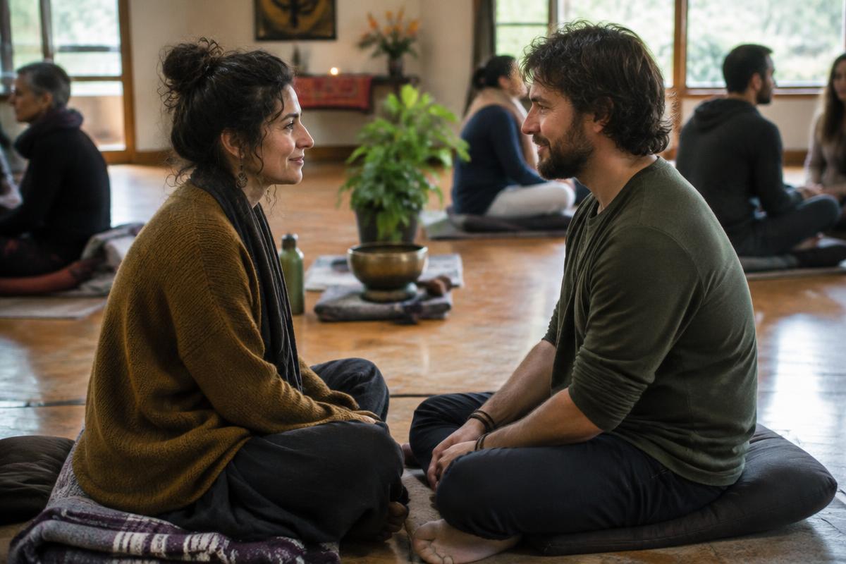 Dues persones meditant cara a cara, mirant-se en una sala de taller